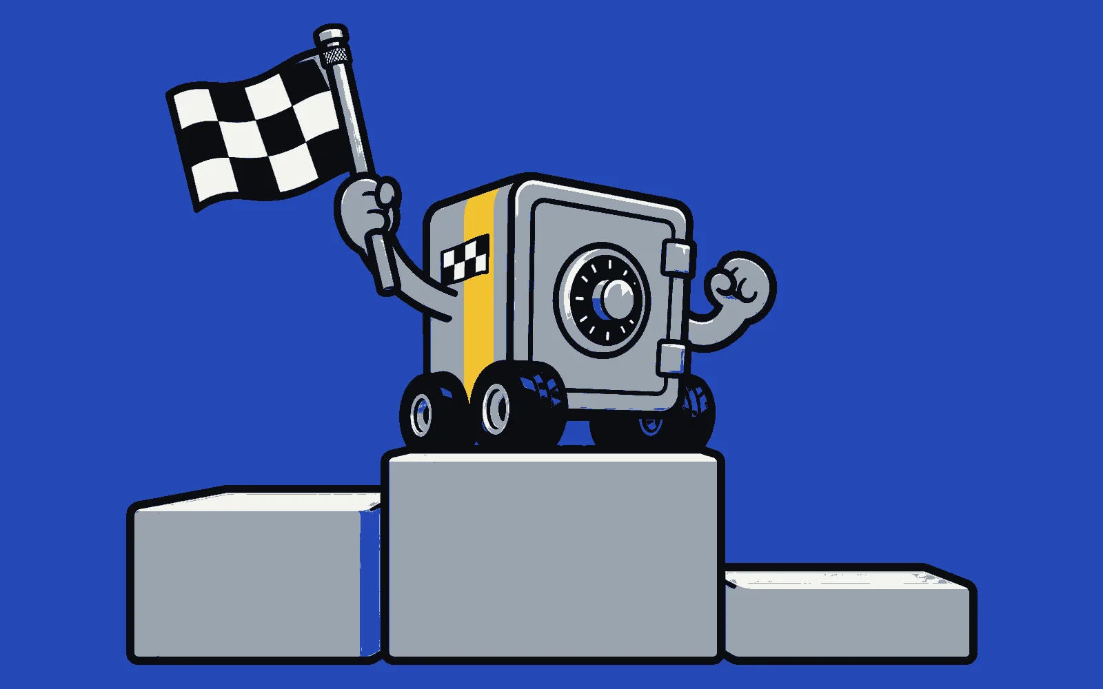 The vault on the podium with the checkered flag